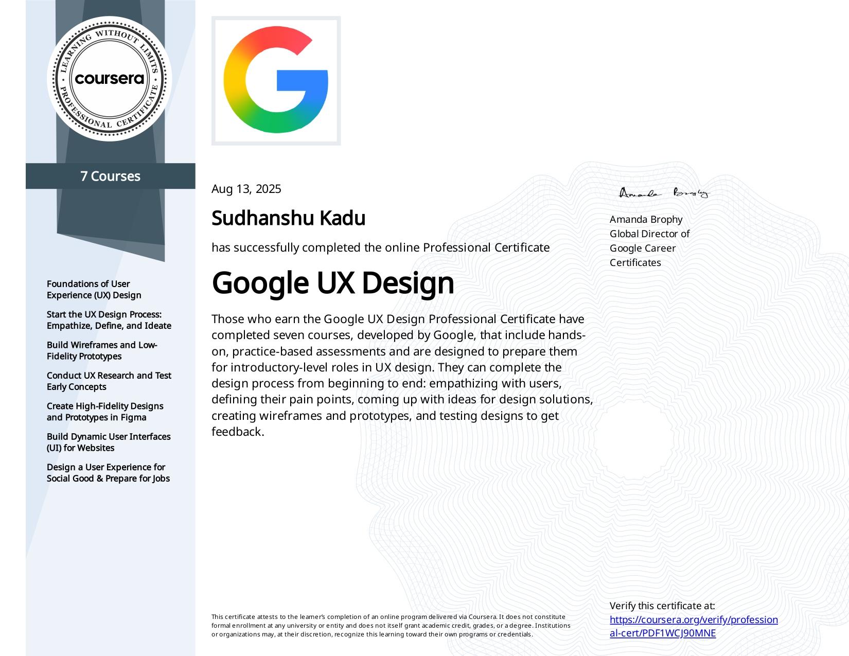 Sudhanshu's Google UX Design Certificate from Coursera