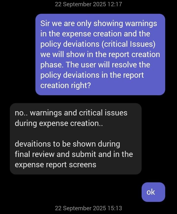 A message proposing warnings at creation and critical issues at report creation, answered: warnings and critical issues during expense creation, deviations at final review and in the report screens