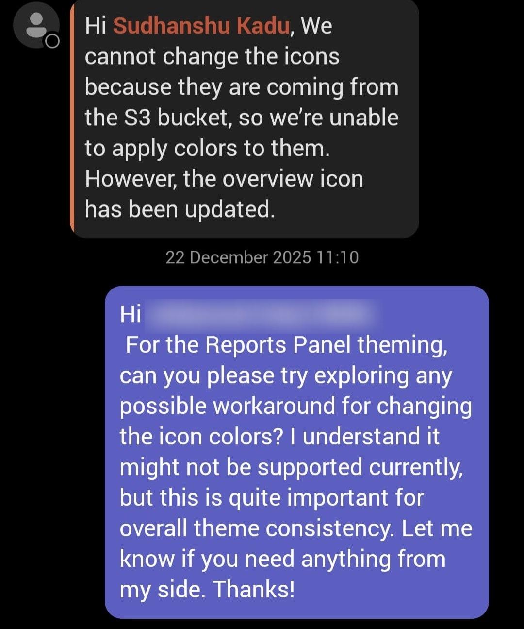 A developer explaining that the icons come from the S3 bucket so colours cannot be applied to them, and the reply asking for a workaround for theme consistency
