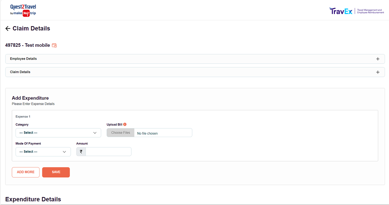 Claim Details after: the page titled and headed by the claim number, with Add Expenditure a bounded card carrying its own instruction and an Add More action beside Save