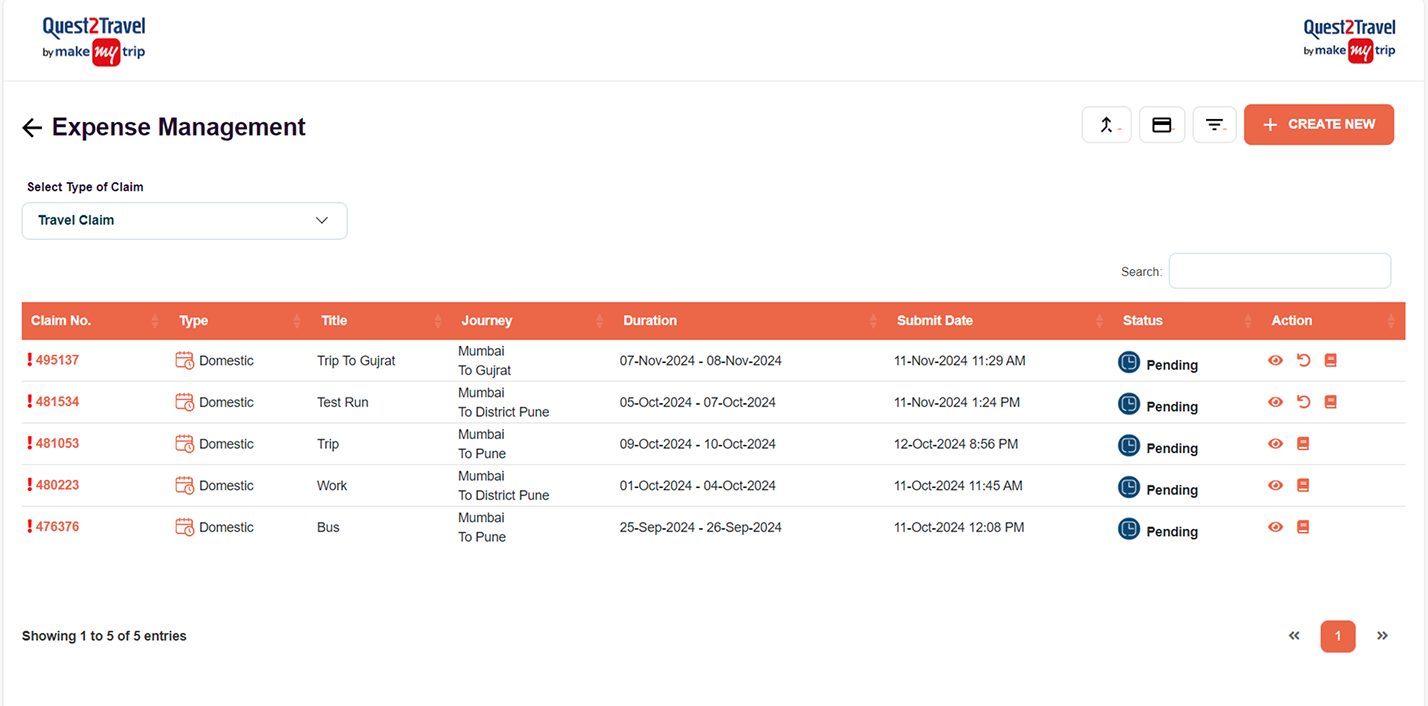 The new listing, titled Expense Management, with one filled Create New button and an entry count