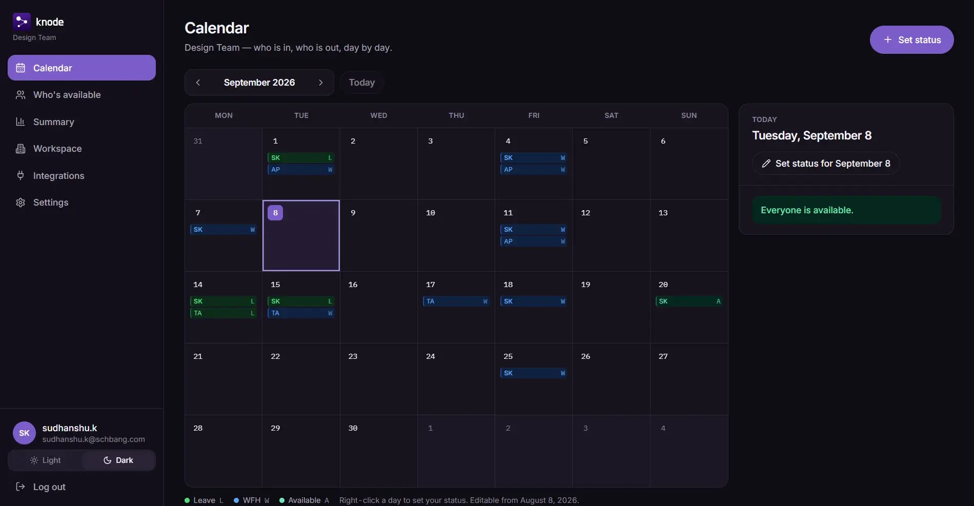 Knode's calendar, with each person's leave and working from home days laid out across the month