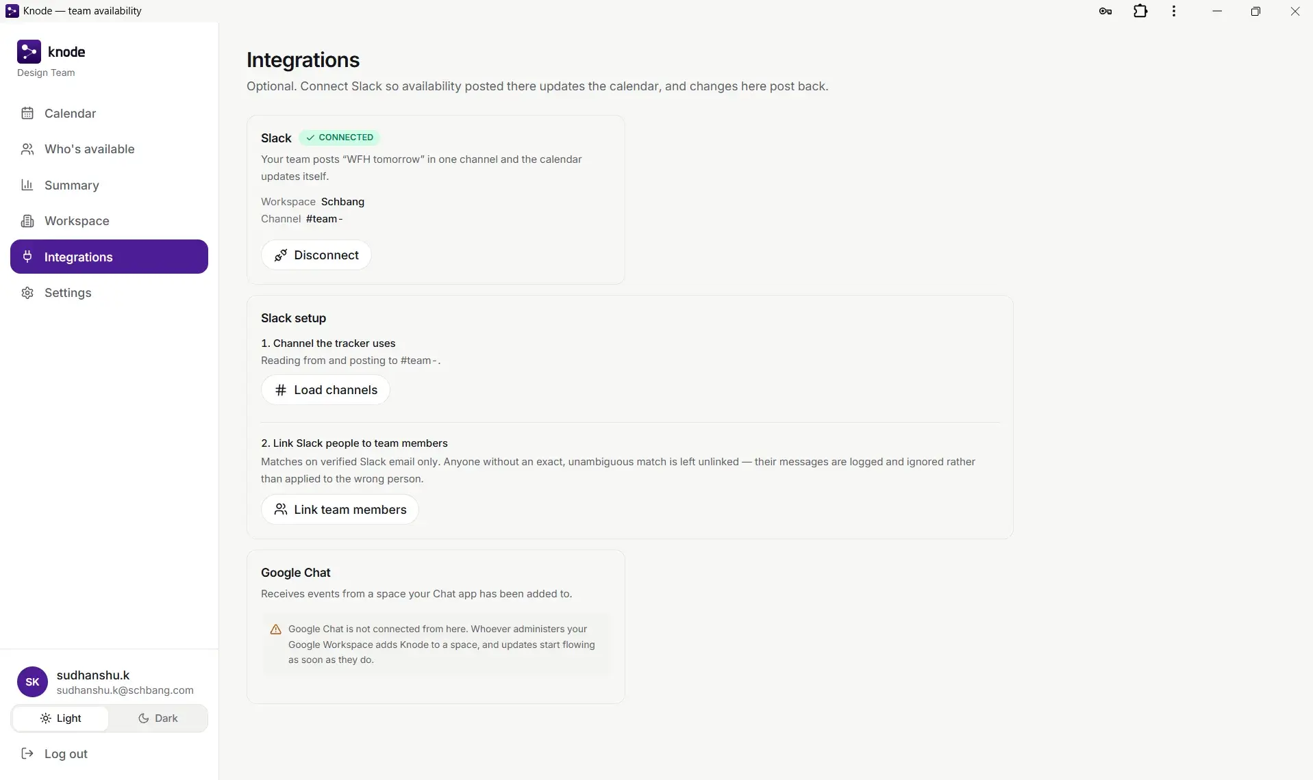 The Integrations page: Slack connected to a workspace and channel, the setup steps for loading channels and linking team members, and Google Chat alongside it