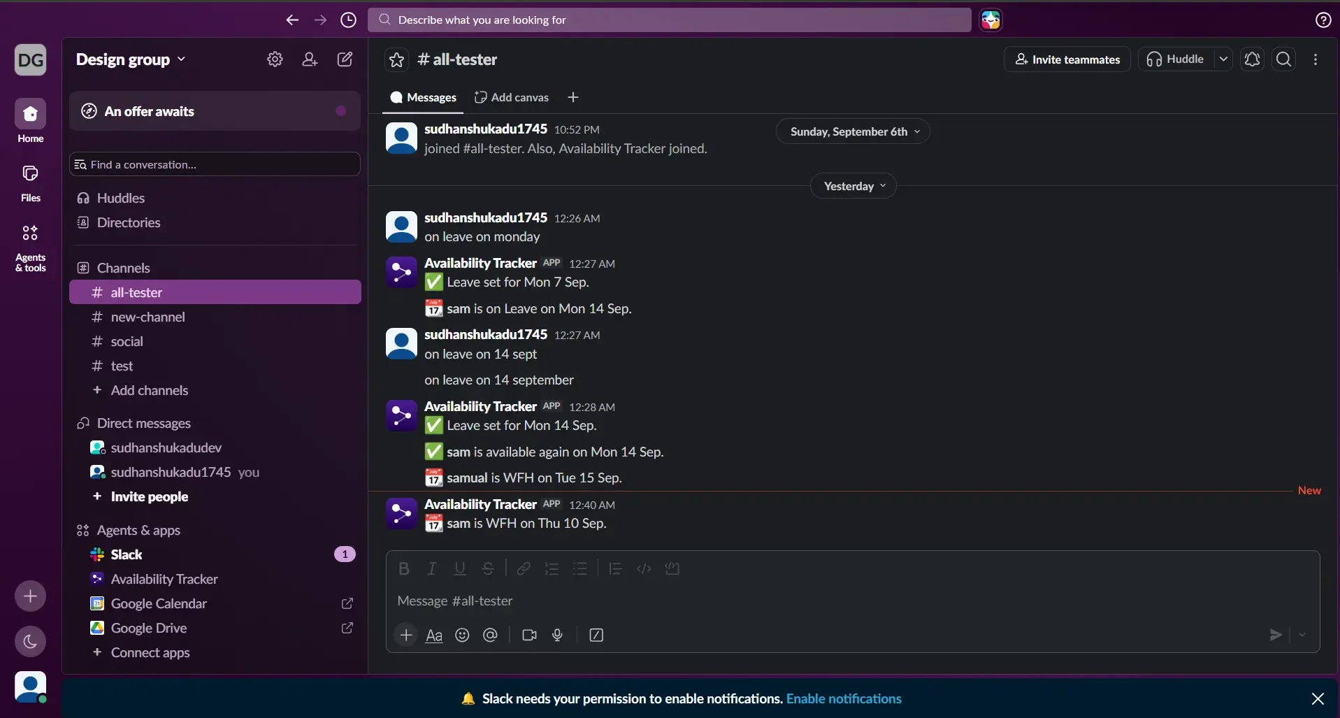 Setting your availability from inside Slack