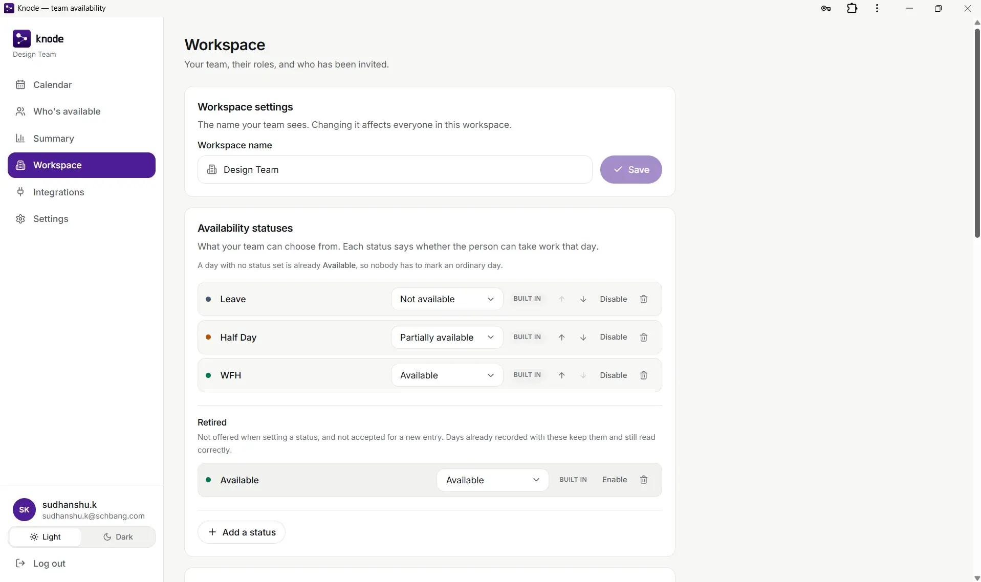 Workspace settings: the team's name, and the availability statuses — Leave as not available, Half Day as partially available, WFH as available — with a retired status kept for days already recorded