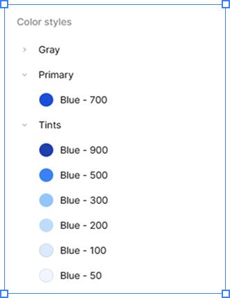 The colour styles in the Figma library, named Blue 700 for the primary and Blue 900 down to Blue 50 for the tints