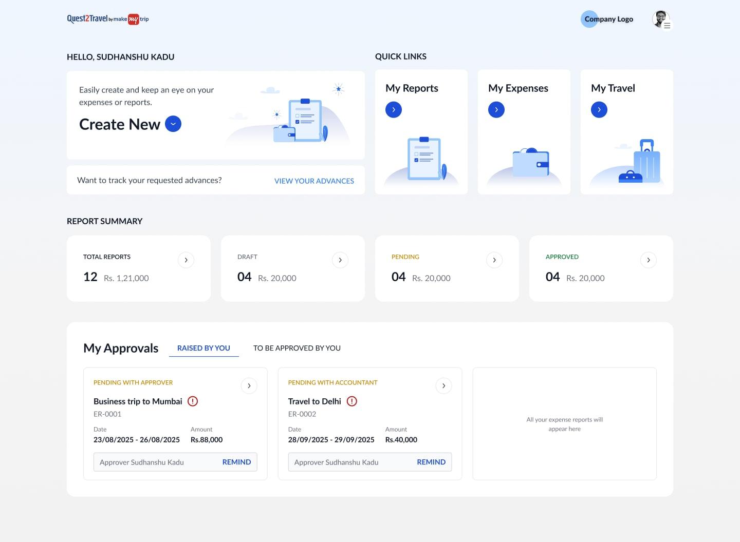 The expense dashboard: Create New, quick links to Reports, Expenses and Travel, a report summary, and My Approvals split into Raised By You and To Be Approved By You