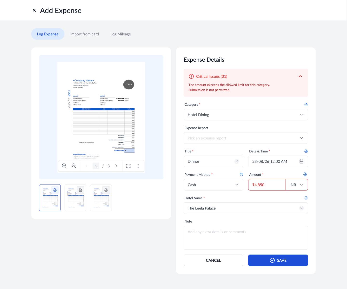 The expense form with a critical issue flagged
