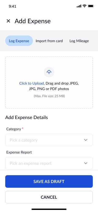 The expense form on a phone