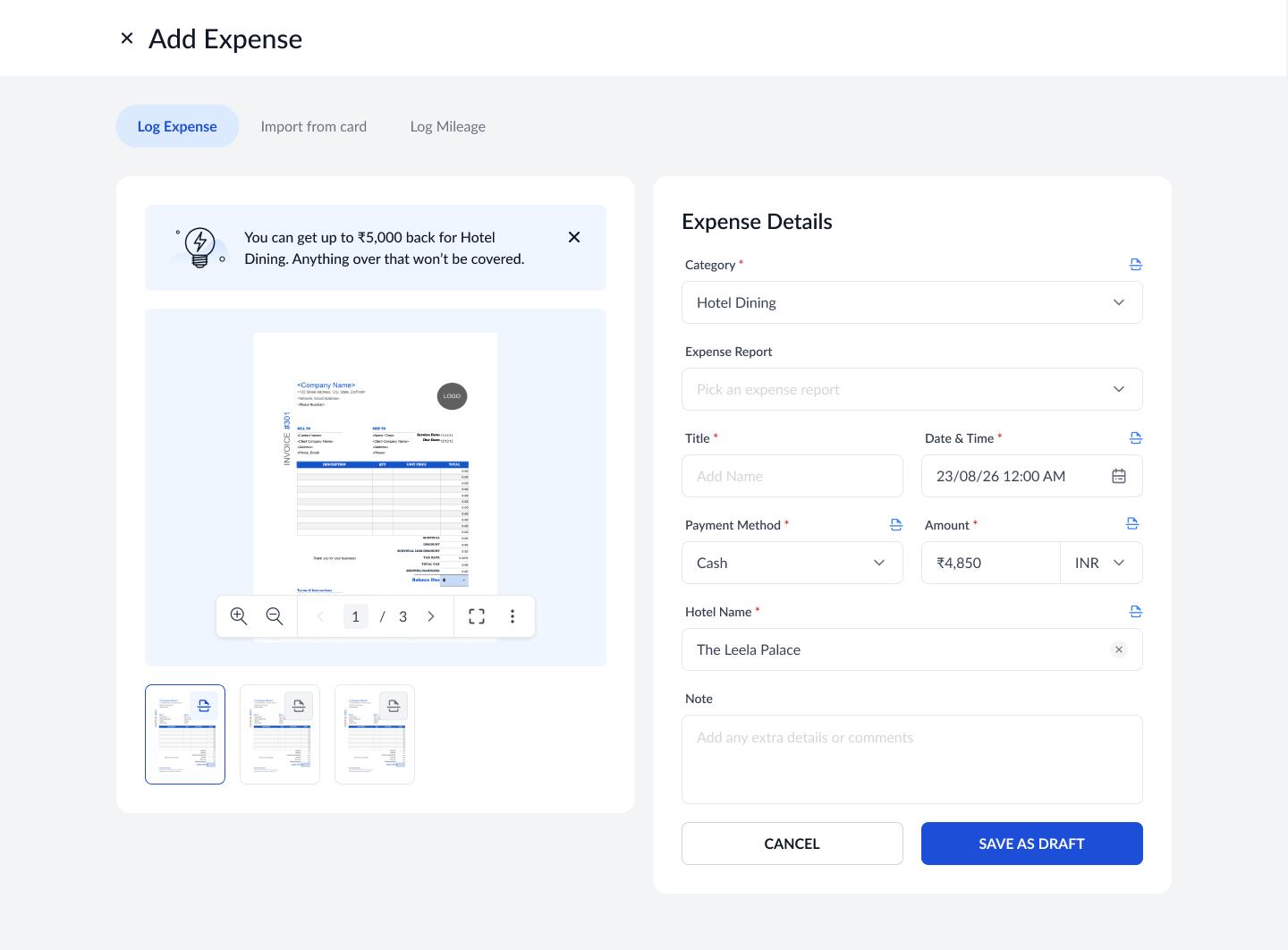 The expense form with the Tips panel showing the policy for the category OCR read