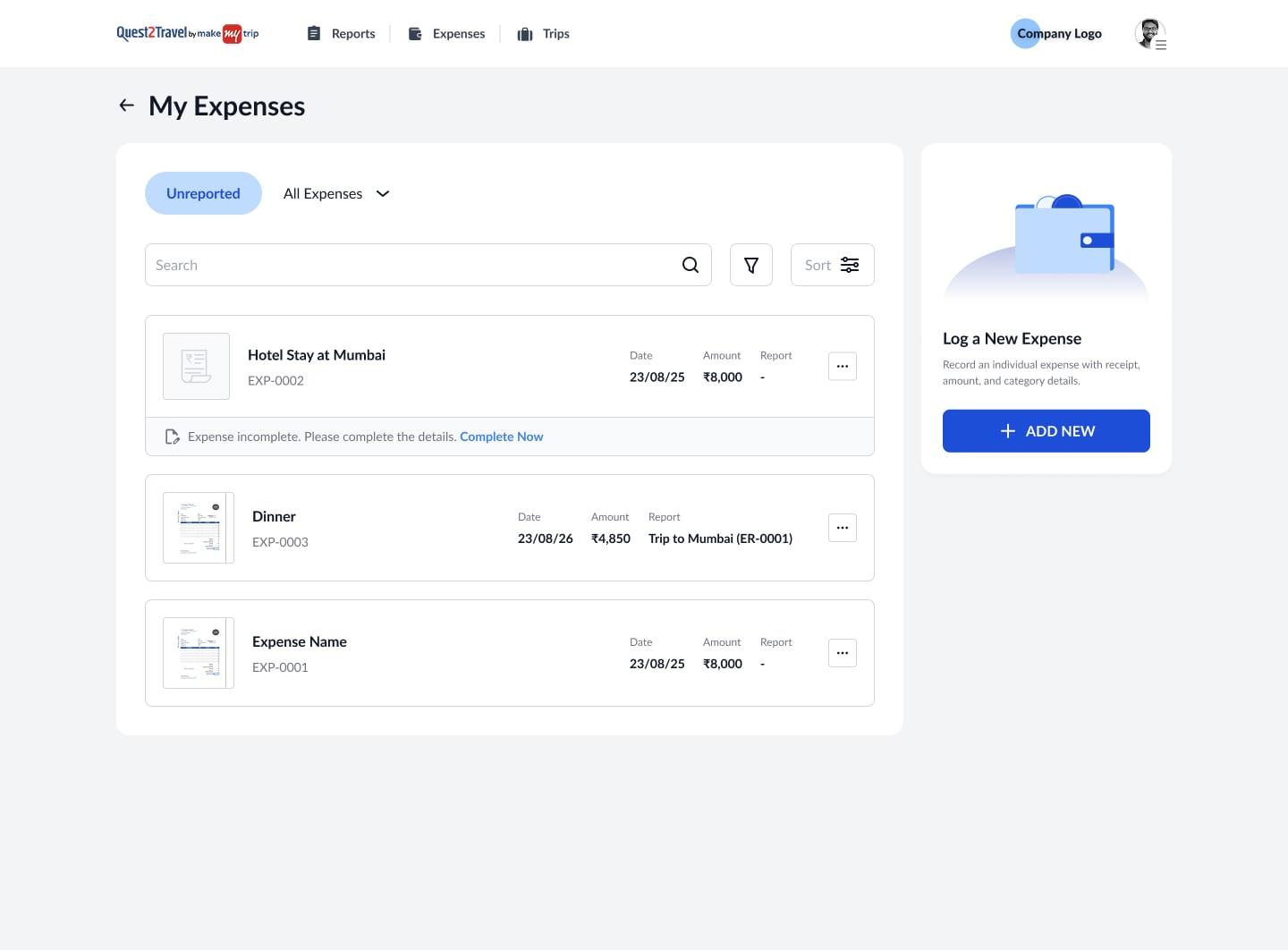 The My Expenses listing on the Unreported filter: a card imported expense flagged Expense incomplete with a Complete Now prompt and a dash in its Report column, sitting among other expenses not yet attached to a report