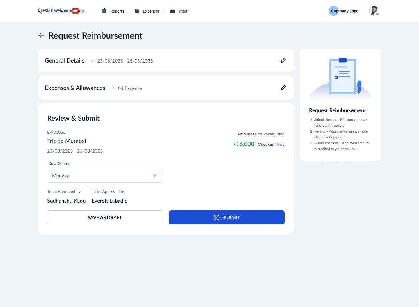 Request Reimbursement on the expense platform: General Details, Expenses and Allowances, then Review and Submit, the finished steps collapsed to summary lines
