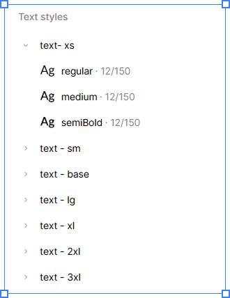 The text styles in the Figma library, named text-xs through text-3xl with regular, medium and semibold weights