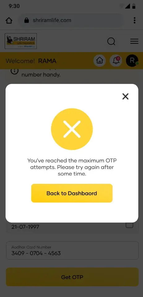 The attempt limit: a message saying the maximum OTP attempts have been reached and to try again later, with Back to Dashboard and no retry button