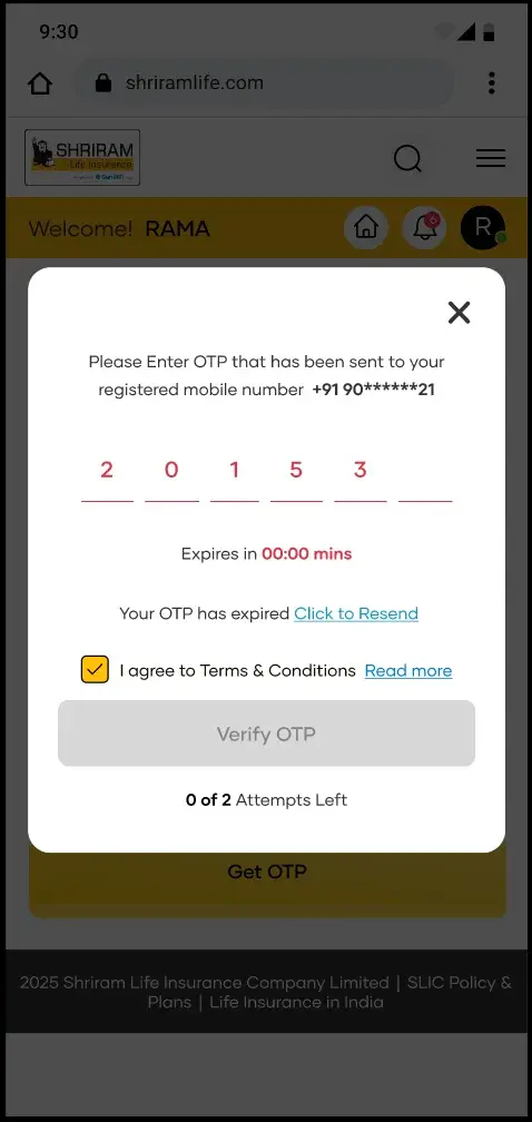 The OTP step with the code expired: the timer at 00:00, Click to Resend offered, and 0 of 2 attempts left stated under the disabled Verify button