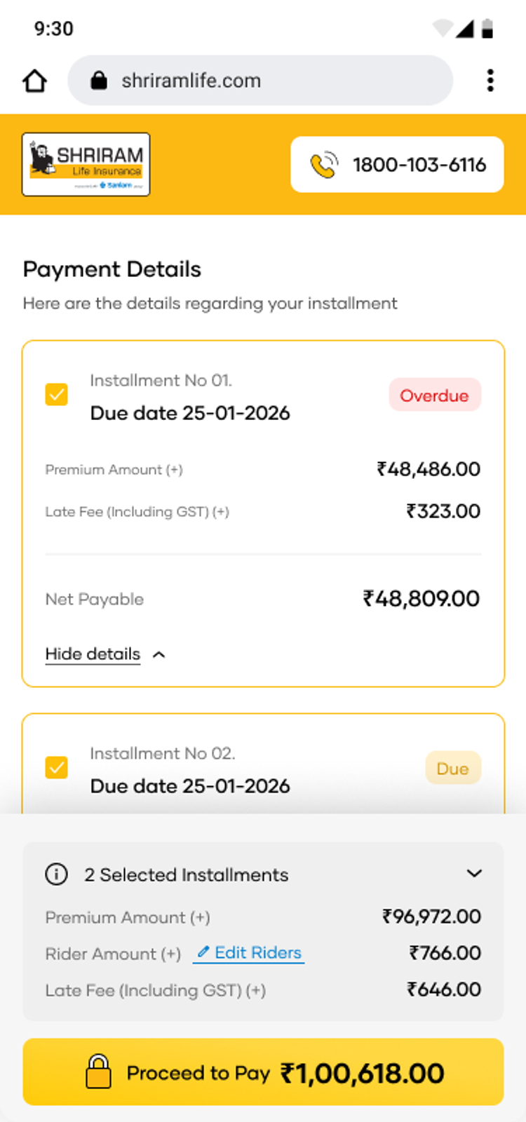 An installment opened up, showing the premium, the late fee with GST and the final amount on separate lines