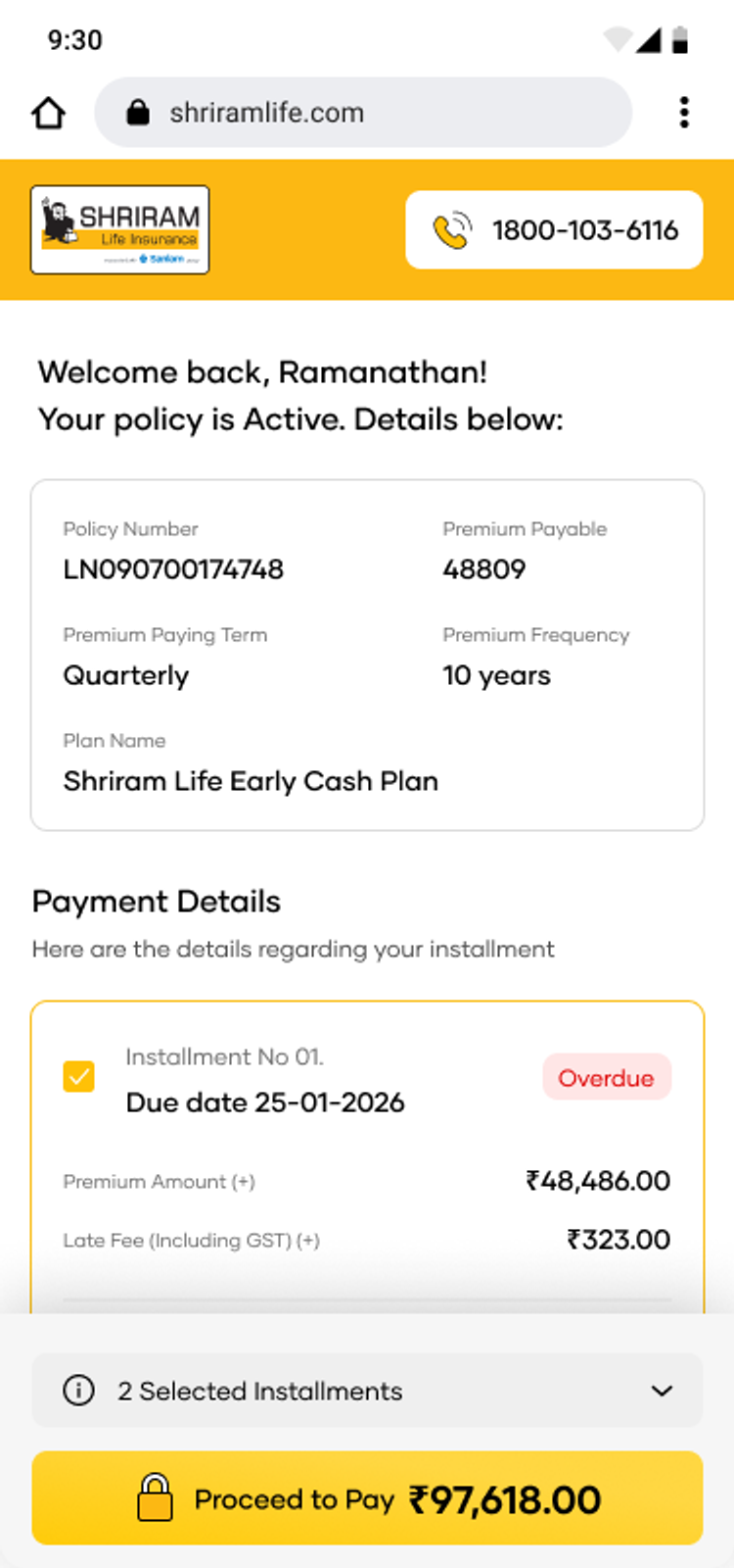 The policy summary with each installment tagged Overdue, Due or Upcoming