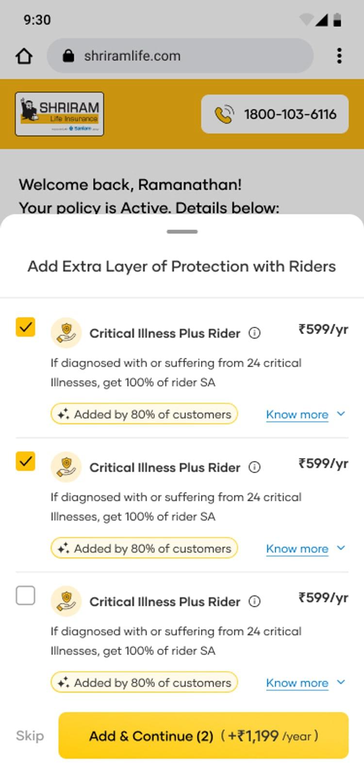 The rider step: each rider with its cost written out, and a Skip control