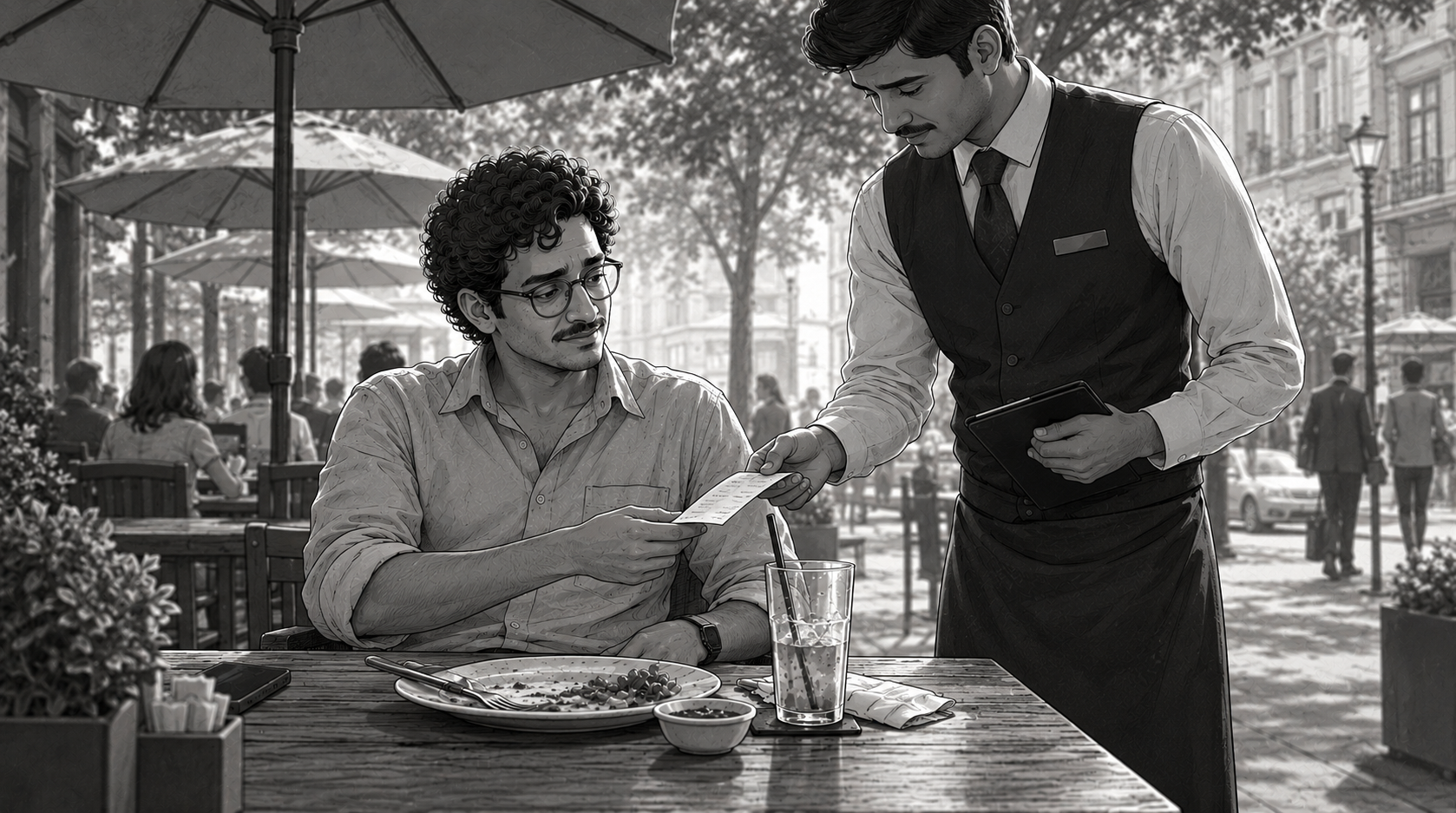 A waiter handing him the bill