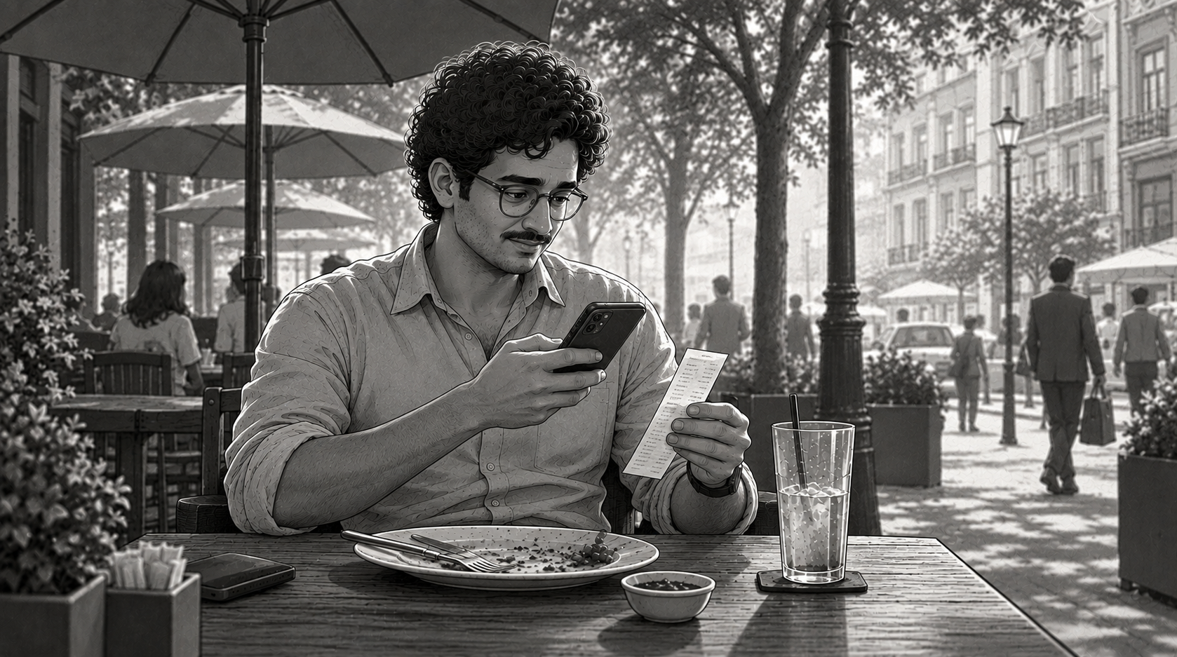 He holds the receipt in one hand and his phone's camera in the other