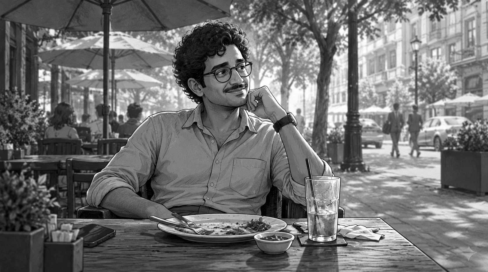 A traveller finishing a meal at a pavement cafe, his phone face down on the table