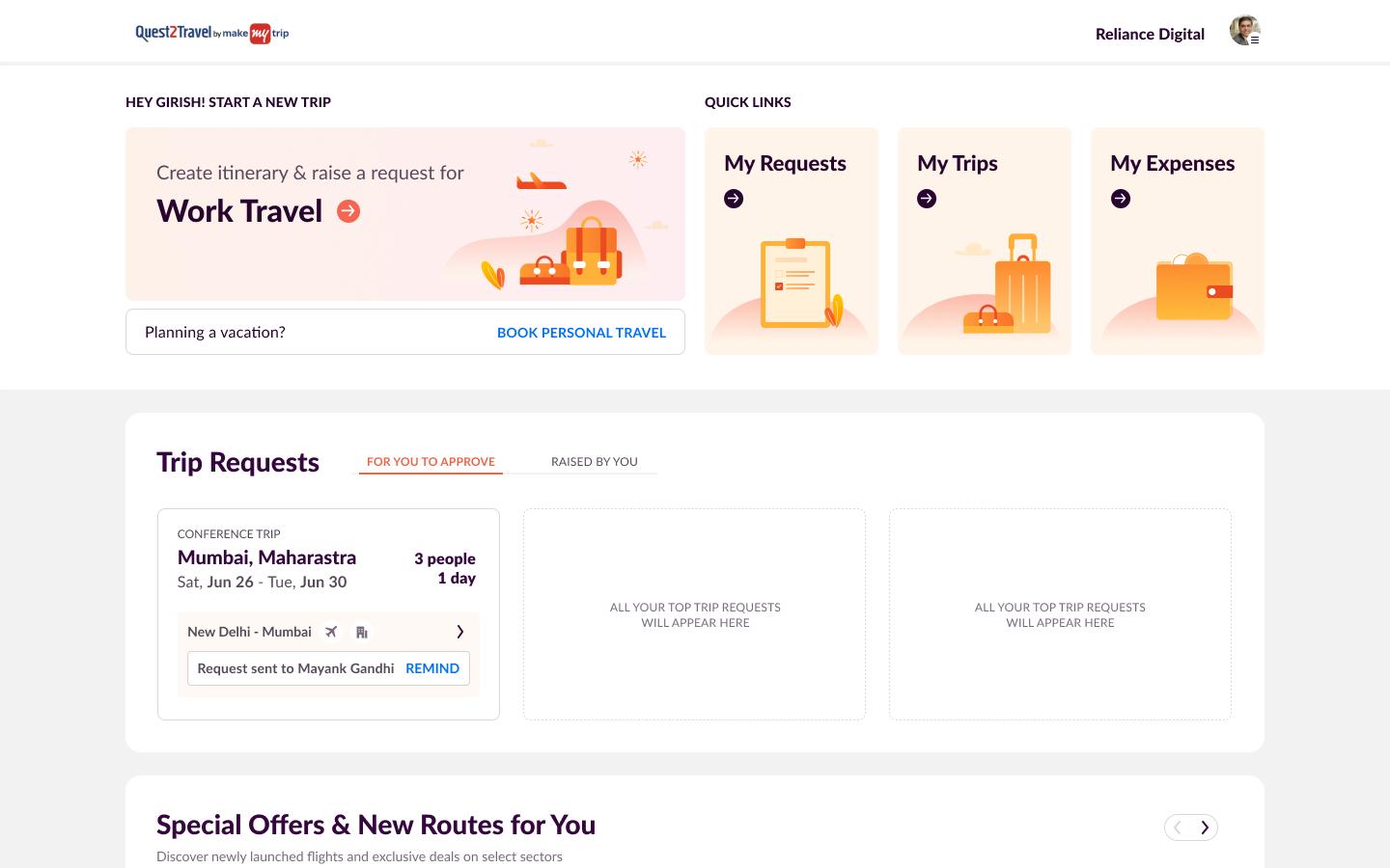 The travel platform's dashboard, with trip requests split into For You To Approve and Raised By You