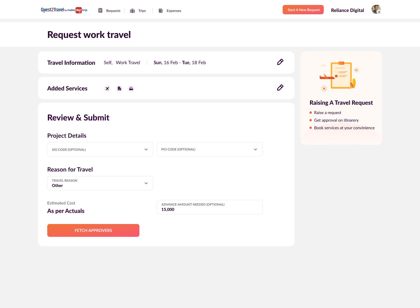 Request work travel on the travel platform: Travel Information, Added Services, then Review and Submit